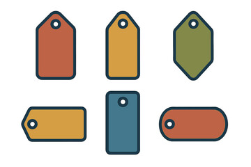 Six blank price tags in various shapes and muted colors
