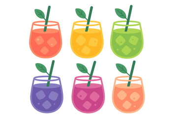 Set of six colorful summer cocktails served in stemless glasses with ice, straws, and leaf garnish on a white background