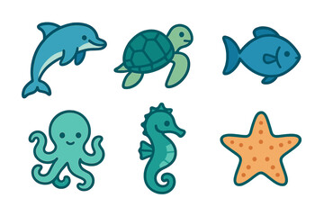 Fototapeta premium Cute marine animals set including dolphin, sea turtle, octopus, seahorse, fish, and starfish