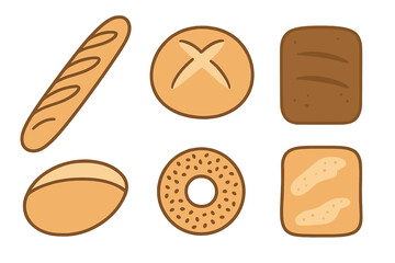 Collection of various baked goods including baguette, round loaf, rye bread, and bagel shapes