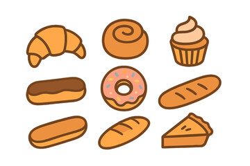 Assortment of fresh baked goods and sweet pastries including croissant donut and cupcake