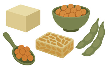 Collection of healthy plant based protein foods featuring tofu tempeh and soybeans