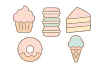 Cute pastel dessert including cupcake, donut, macaron, cake slice, and ice cream cone