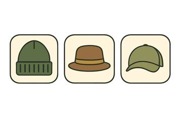 Three headwear icons set: knit beanie, wide-brimmed hat, and baseball cap