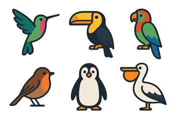 Set of six colorful bird species icons: toucan, penguin, hummingbird, parrot, pelican, and robin