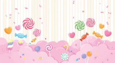 Whimsical candy wonderland with vibrant lollipops and sweet treats creates a joyful, playful atmosphere
