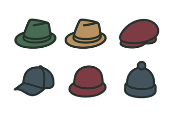 Set of six fashionable headwear icons including fedora hats, baseball caps, and winter beanies
