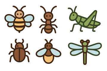 Six colorful stylized insects set including bee ant grasshopper and dragonfly