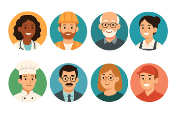 Diverse set of professional avatars including doctor, construction worker, chef, manager, and service staff