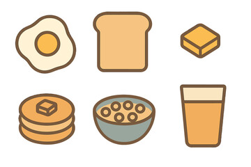 Six essential breakfast elements including fried egg toast pancakes and cereal bowl