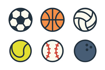 Colorful set of six popular sports balls symbols including soccer, basketball, and tennis