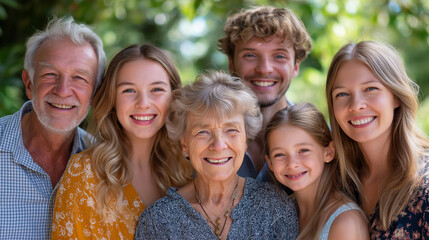 Obraz premium Multi-generational family portrait in garden, smiling grandparents and children, bright daylight, family unity, heritage and tradition, love and happiness, authentic group portrait