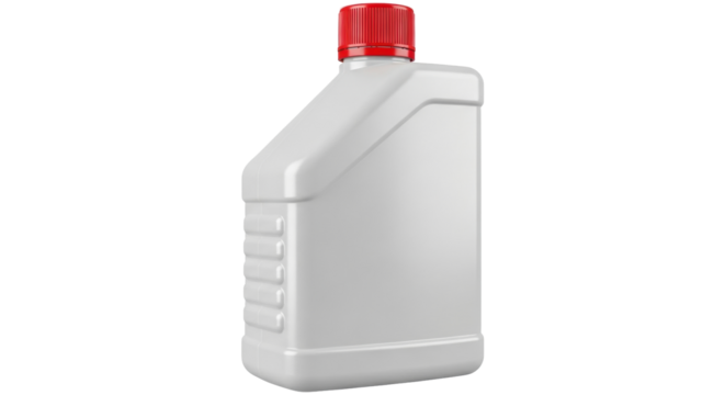 Isolated bottle of car lubricant oil in plastic container with red cap, on neutral surface