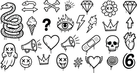 Diverse collection of cool graffiti style icons including snake, skull, heart, diamond, and ghost
