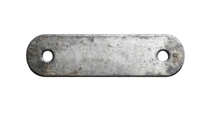 Metallic Tab: A close-up image showcasing a weathered, oblong metal tab with two prominent holes, a symbol of industrial grit and robust functionality. 