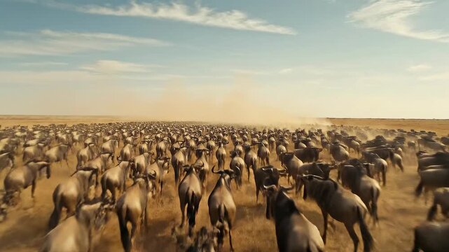 Massive Herd of Wildebeest Migrating Across the African Savanna