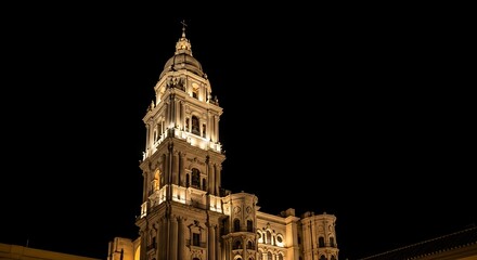 Obraz premium Illuminated M?laga Cathedral Tower at Night - A Majestic Architectural Marvel.