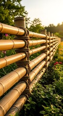 Bamboo Fence in a Lush Garden at Sunset.