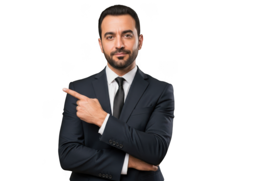 Confident businessman in suit pointing right, professional corporate leader, executive manager, isolated on transparent background