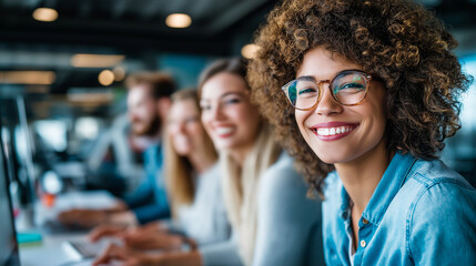 Obraz premium Team working together in modern office, collaboration and creativity, smiling colleagues, teamwork success, professional connection, diversity and inclusion, productivity and trust