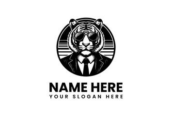 Modern black and white tiger logo design, featuring a cool animal mascot in a business suit and stylish sunglasses, ideal for contemporary branding and corporate identity