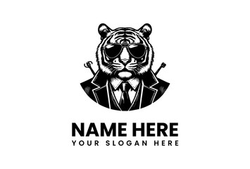 A sophisticated black and white vector illustration of a tiger mascot wearing a suit and sunglasses, ideal for a modern business logo or emblem design