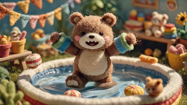 Animated teddy bear in a small pool surrounded by colorful decorations and water splashes