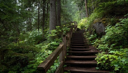 A lush green forest trail with wooden steps and railings, perfect for hiking adventures and outdoor wellness campaigns seeking natural beauty and tranquility