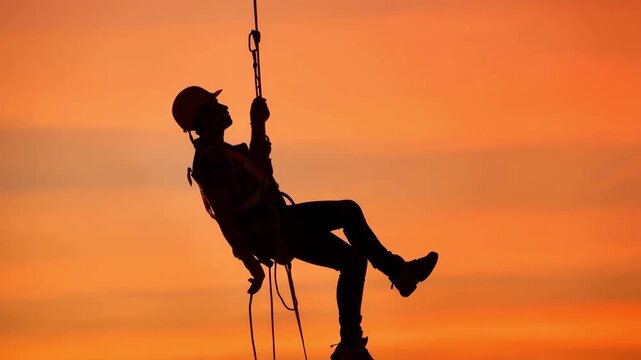 Silhouette of climber rappelling against orange sky video, ai generated