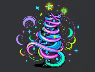 abstract pastel neon holographic pop art illustration of stylized funky coil Christmas tree with soft glowing pink and blue hues, vibrant green and yellow