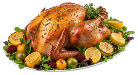 A perfectly roasted golden brown whole chicken, garnished with fresh herbs, lemon slices, and berries, isolated on a transparent background, ready for a festive meal