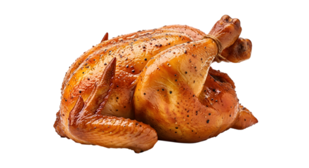 A perfectly roasted whole chicken, seasoned with herbs and spices, isolated on a transparent background, ready to be served as a delicious meal