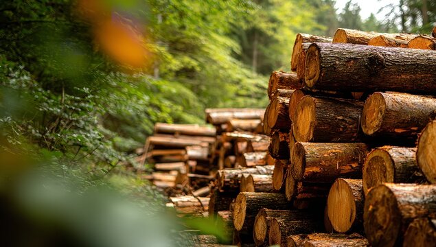 Freshly cut logs stacked high at a vibrant logging site, ready for sustainable construction and eco-friendly woodworking projects in the lush forest