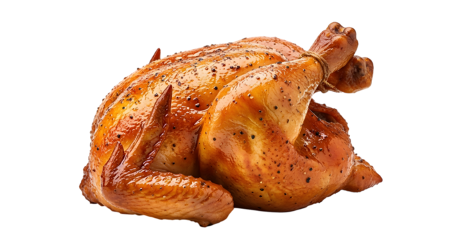 A perfectly roasted whole chicken, seasoned with herbs and spices, isolated on a transparent background, ready to be served as a delicious meal