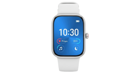 Isolated smartwatch with blue screen showing time at 1030 and vital health stats