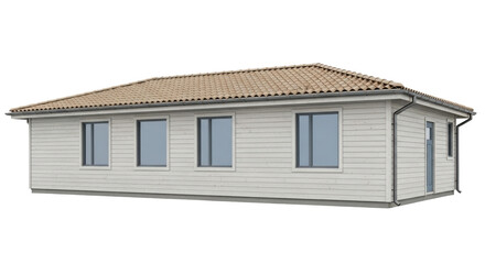 Isolated small single story house with tile roof and siding exterior, country style