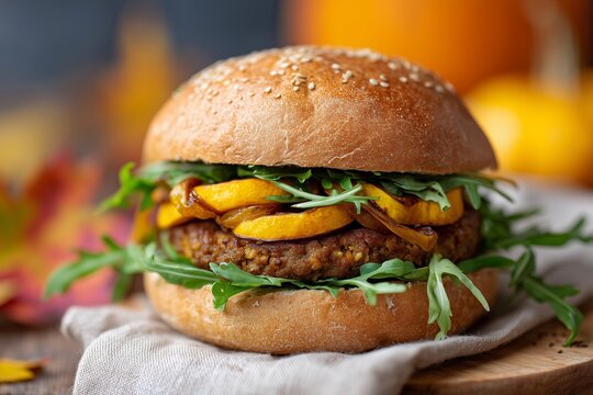 Plant based burger with caramelized onions roasted pumpkin and arugula on brioche bun in warm light