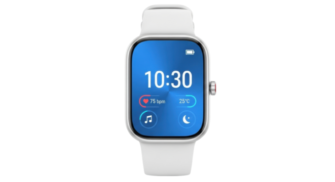 Isolated smartwatch with blue screen showing time at 1030 and vital health stats