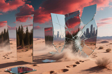Broken Mirrors in Desert Reflecting City Skyline and Red Sunset Clouds