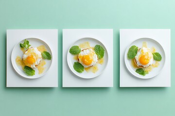 Fried Eggs with Pineapple and Mint on Square Plates Flat Lay Light Green Background