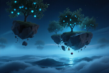 Floating Islands with Glowing Fruit Trees Over Calm Ocean at Night