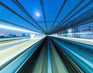 A long exposure photograph capturing a fast moving transportation system at night. The blurred streaks of light create a sense of motion and speed