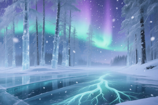 Frozen Forest Illuminated by Aurora Borealis Over Cracked Ice River