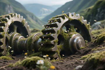 Rusting Machine Gears Overgrown with Moss and Wildflowers in Mountain Valley