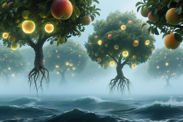 Floating Glowing Fruit Trees Rising Above Misty Ocean Waves