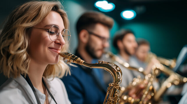 Musicians jamming together in studio, instruments and smiles, creativity and rhythm, artistic connection, teamwork in music, collaboration and inspiration, artistic energy, with co - Powered by Adobe
