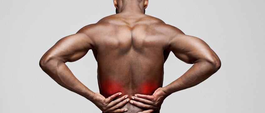 Man holding lower back with visible muscle pain and tension. Concept of spine health, back injury, physiotherapy for posture correction, sports recovery, and wellness visuals. Collage art