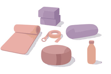 Essential collection of yoga and fitness accessories including mat blocks strap bolster and hydration bottle