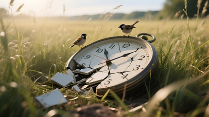 Broken Pocket Watch with Birds Resting on It in Golden Field at Sunrise