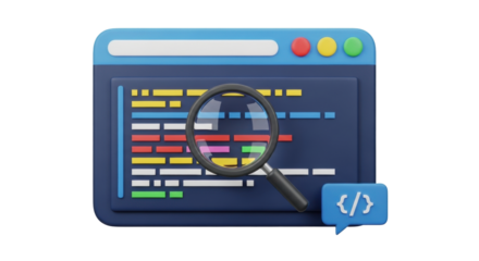 Isolated software development concept illustration with magnifying glass and code icon